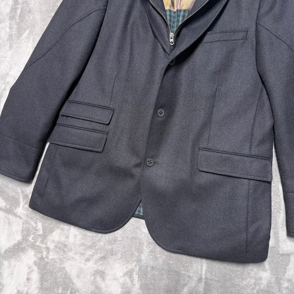 Q Mens Blazer Jacket 44R Navy Blue Zip‎ Inset Wool Plaid Lining Textured Coat